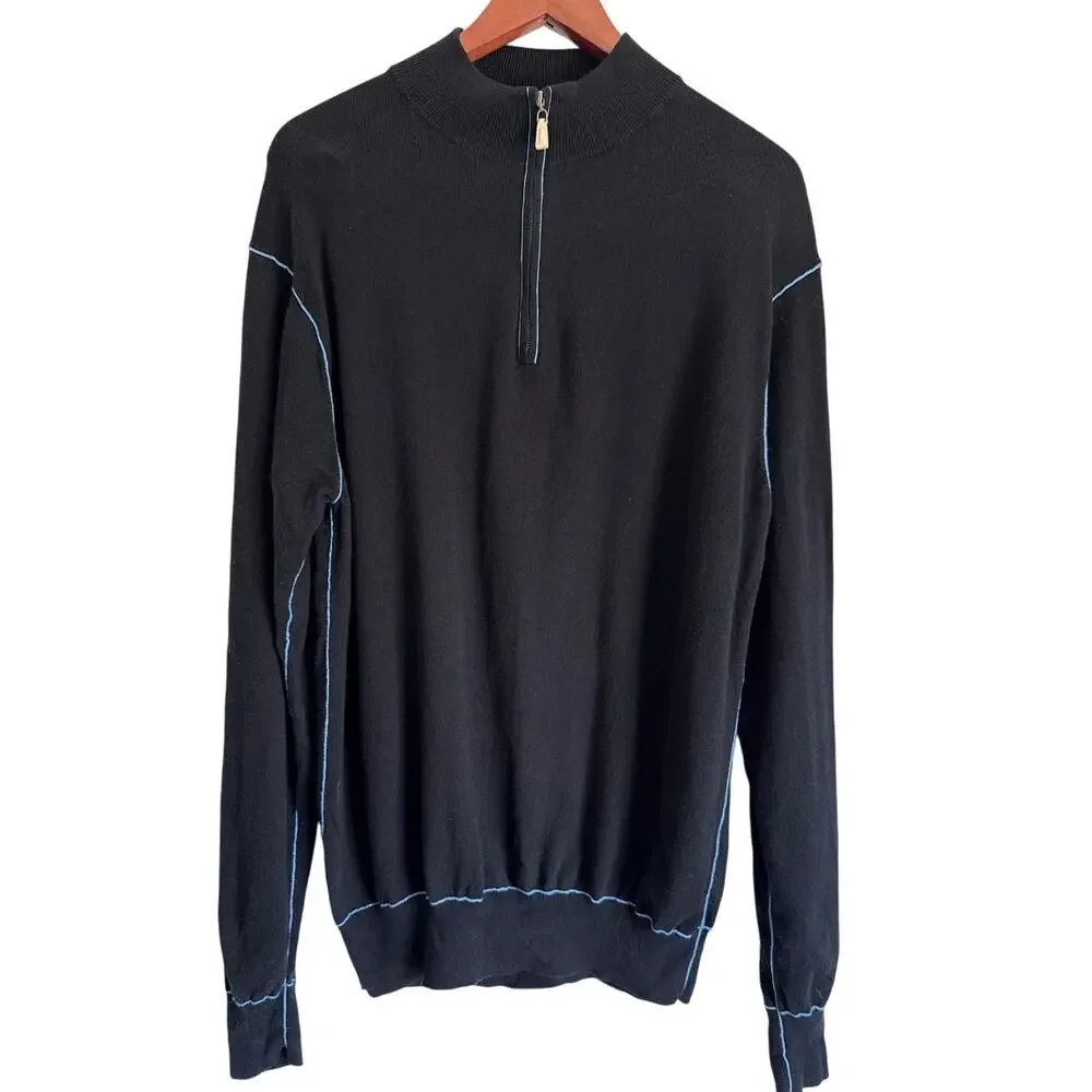 Peter Millar Mens 1/4 Zip Pullover Sweatshirt Black Blue Trim Cotton Cashmere M